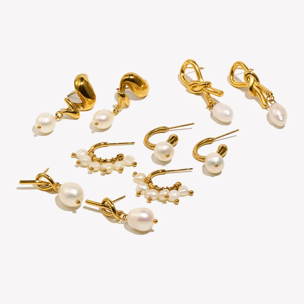 E.B.belle Elegant Freshwater Pearl Stainless Steel Tarnish Free Hoop Earring Gold Plated Jewelry For Women