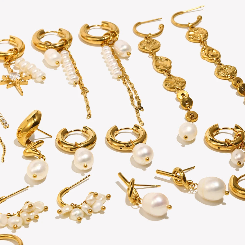 E.B.belle Elegant Freshwater Pearl Stainless Steel Tarnish Free Hoop Earring Gold Plated Jewelry For Women
