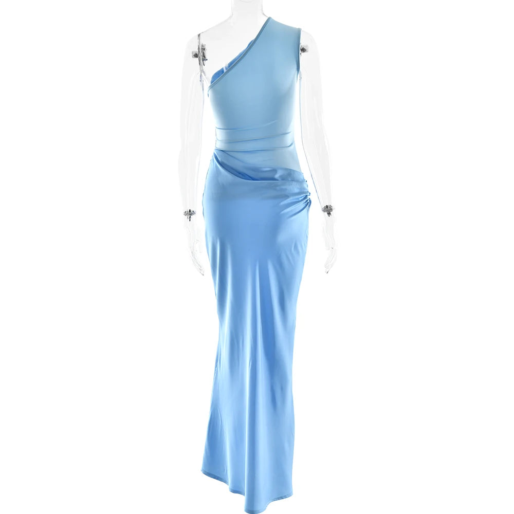 JULISSA MO Patchwork Satin Sexy One Shoulder Women Maxi Dress Brown Sleeveless Evening Dress Summer Slim Elegant Party Clubwear