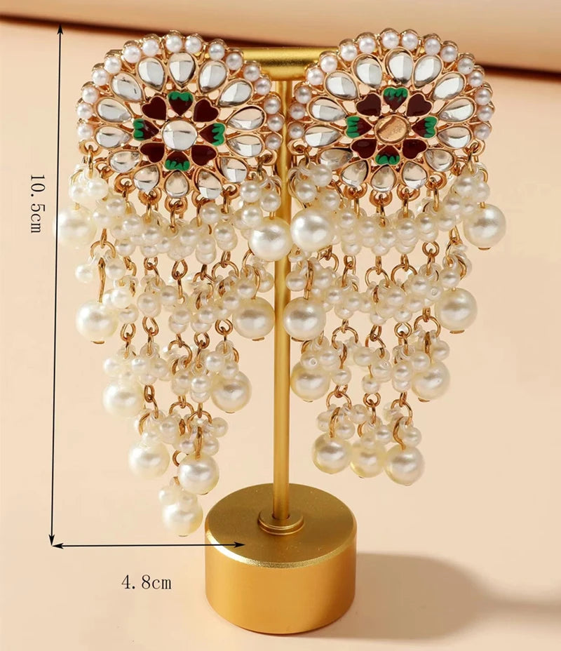 Unique Exaggerated Women Exotic Style Ethnic Bridal Bride Kundan Earrings Pearls Indian Bahubali Drop Earrings Fashion Jewelry
