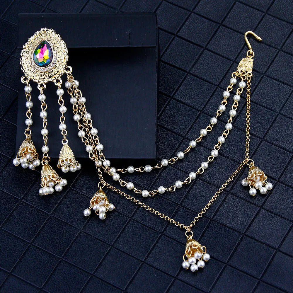 Sunspicems Fashion Indian Earring Link Headdress Jewelry Handmade Bead Chain With Metal Pendant Gold Color Bridal Bijoux Gift