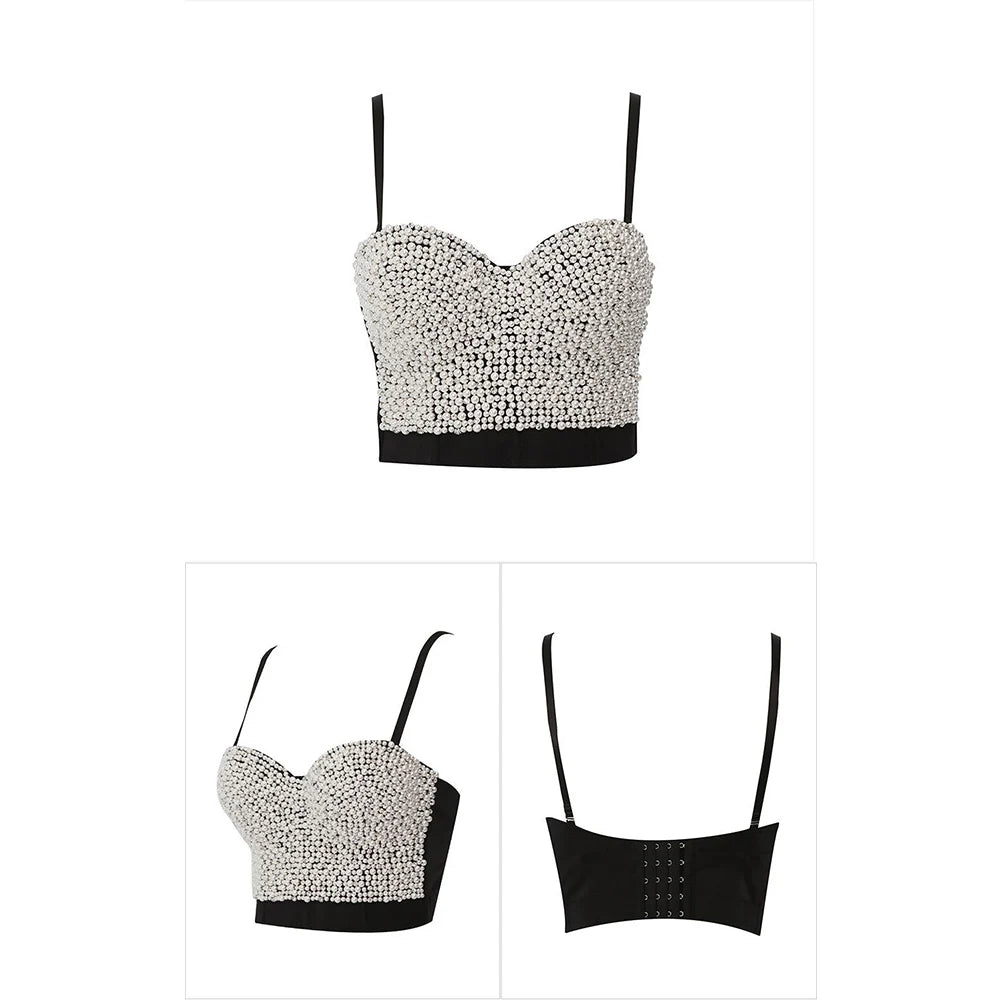 Irene Tinnie Hand-Made Pearls Jewel Diamond Bralet Women Bustier Bra Wedding Party Night Club Corset Cropped Top Vest Plus Size