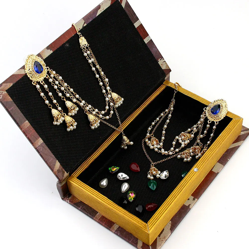 Sunspicems Fashion Indian Earring Link Headdress Jewelry Handmade Bead Chain With Metal Pendant Gold Color Bridal Bijoux Gift