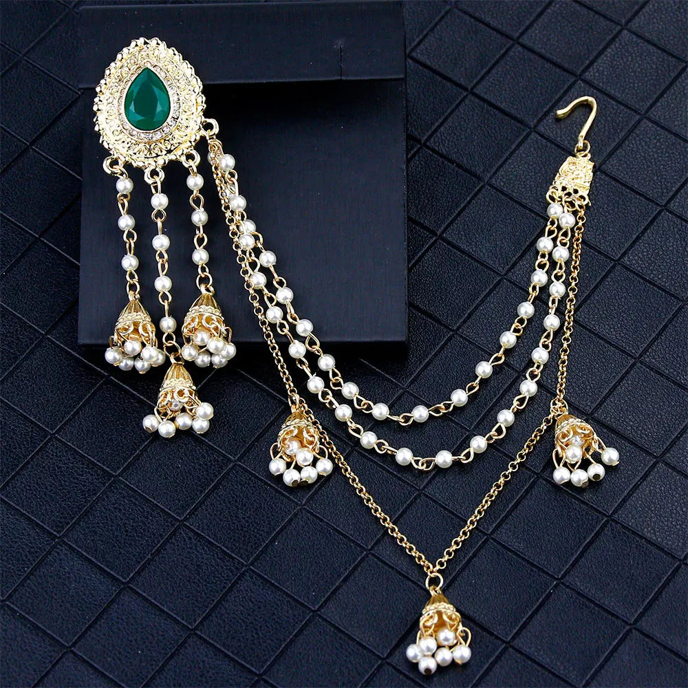 Sunspicems Fashion Indian Earring Link Headdress Jewelry Handmade Bead Chain With Metal Pendant Gold Color Bridal Bijoux Gift