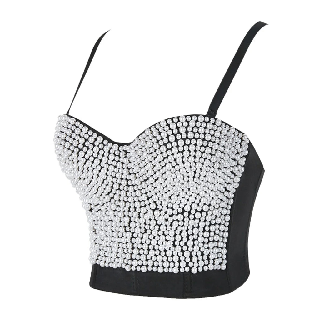 Irene Tinnie Hand-Made Pearls Jewel Diamond Bralet Women Bustier Bra Wedding Party Night Club Corset Cropped Top Vest Plus Size
