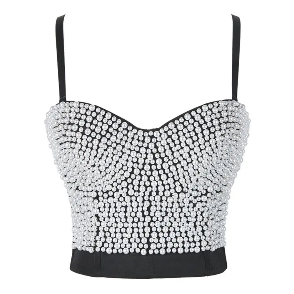 Irene Tinnie Hand-Made Pearls Jewel Diamond Bralet Women Bustier Bra Wedding Party Night Club Corset Cropped Top Vest Plus Size