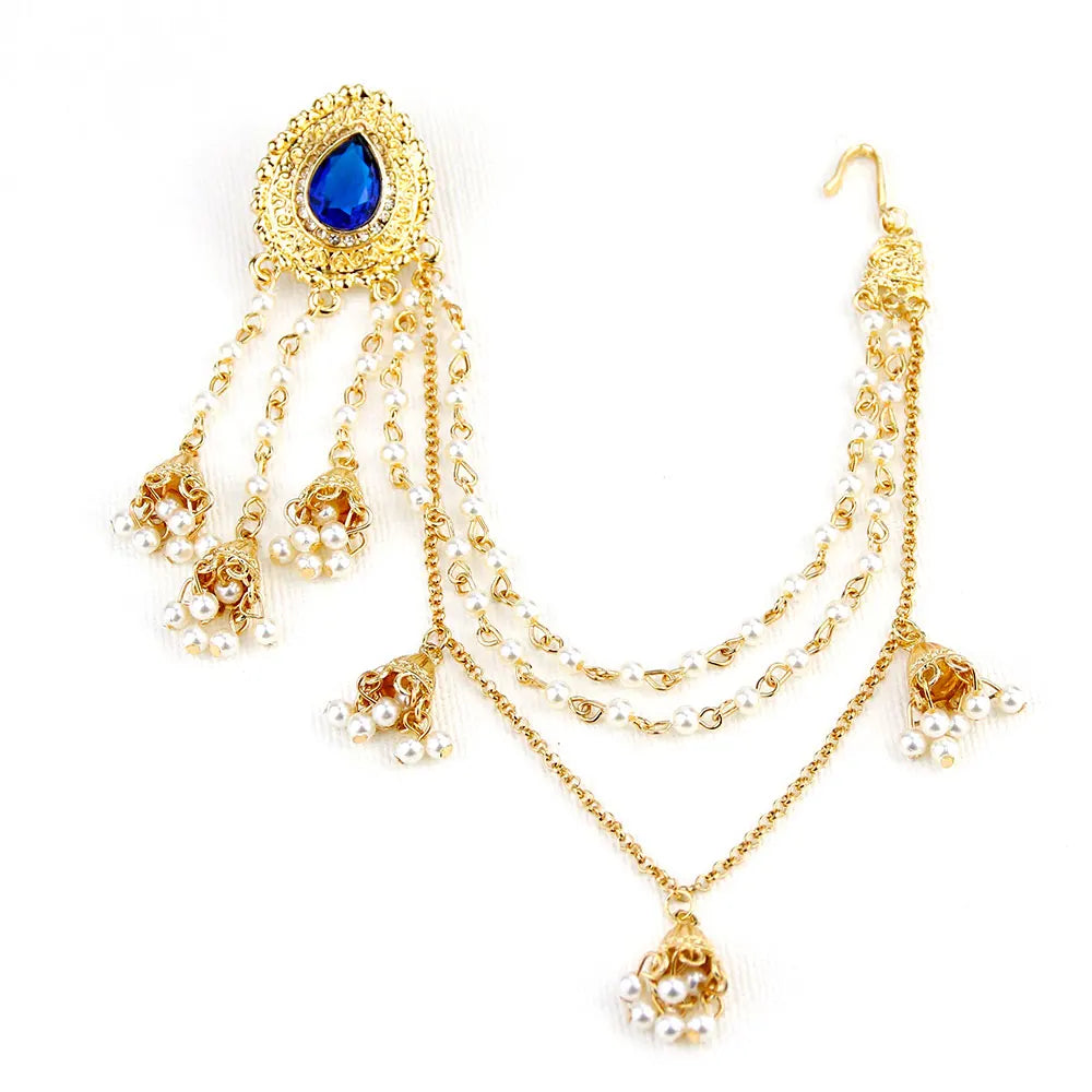 Sunspicems Fashion Indian Earring Link Headdress Jewelry Handmade Bead Chain With Metal Pendant Gold Color Bridal Bijoux Gift