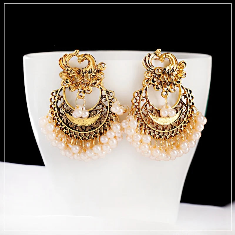 Vintage Gold Color Peacock Alloy Bollywood Oxidized Earrings For Women Ethnic Pearl Tassel Jhumka Dangle Earrings