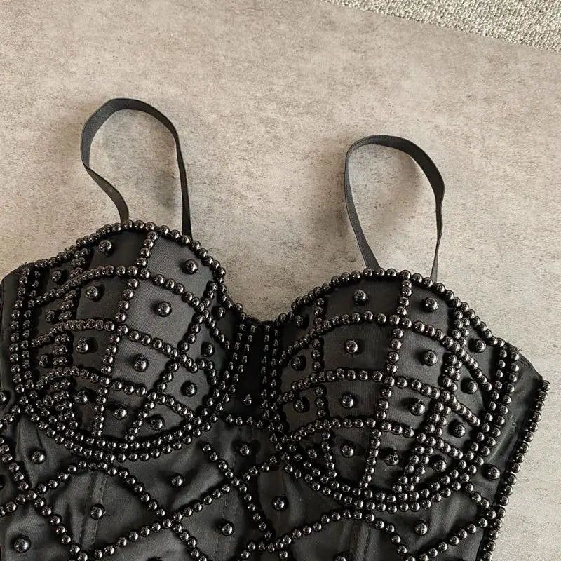 Women's Full Beads Corset Top Sexy Pearls Short Chest Binder Camisole Tube Bra Debardeur for Nightclub Junior Polyester Lingerie