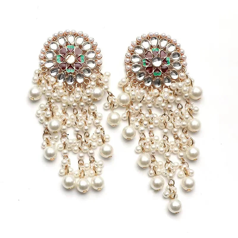Unique Exaggerated Women Exotic Style Ethnic Bridal Bride Kundan Earrings Pearls Indian Bahubali Drop Earrings Fashion Jewelry
