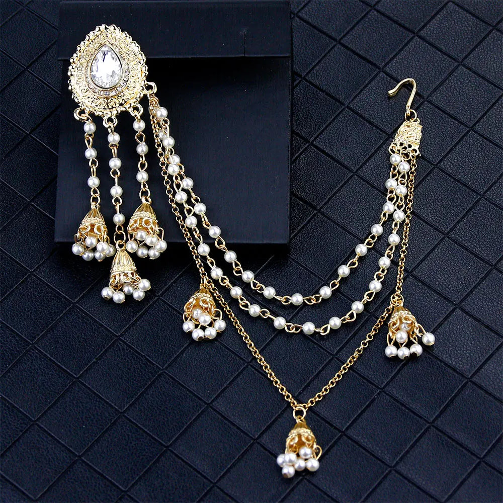 Sunspicems Fashion Indian Earring Link Headdress Jewelry Handmade Bead Chain With Metal Pendant Gold Color Bridal Bijoux Gift