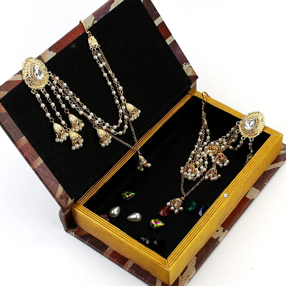 Sunspicems Fashion Indian Earring Link Headdress Jewelry Handmade Bead Chain With Metal Pendant Gold Color Bridal Bijoux Gift