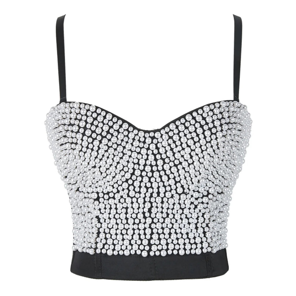 Irene Tinnie Hand-Made Pearls Jewel Diamond Bralet Women Bustier Bra Wedding Party Night Club Corset Cropped Top Vest Plus Size