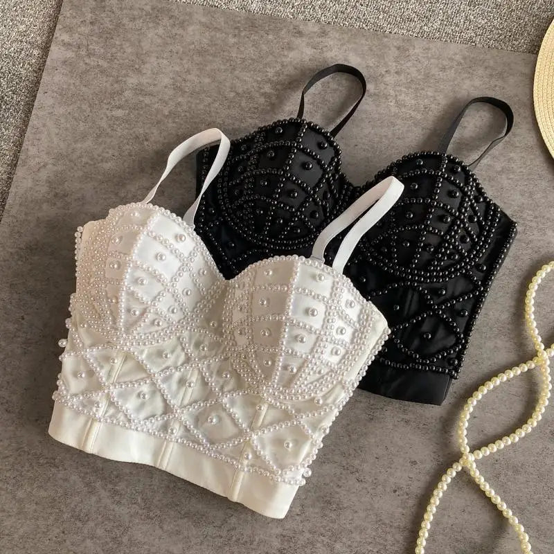 Women's Full Beads Corset Top Sexy Pearls Short Chest Binder Camisole Tube Bra Debardeur for Nightclub Junior Polyester Lingerie