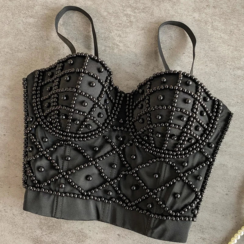Women's Full Beads Corset Top Sexy Pearls Short Chest Binder Camisole Tube Bra Debardeur for Nightclub Junior Polyester Lingerie