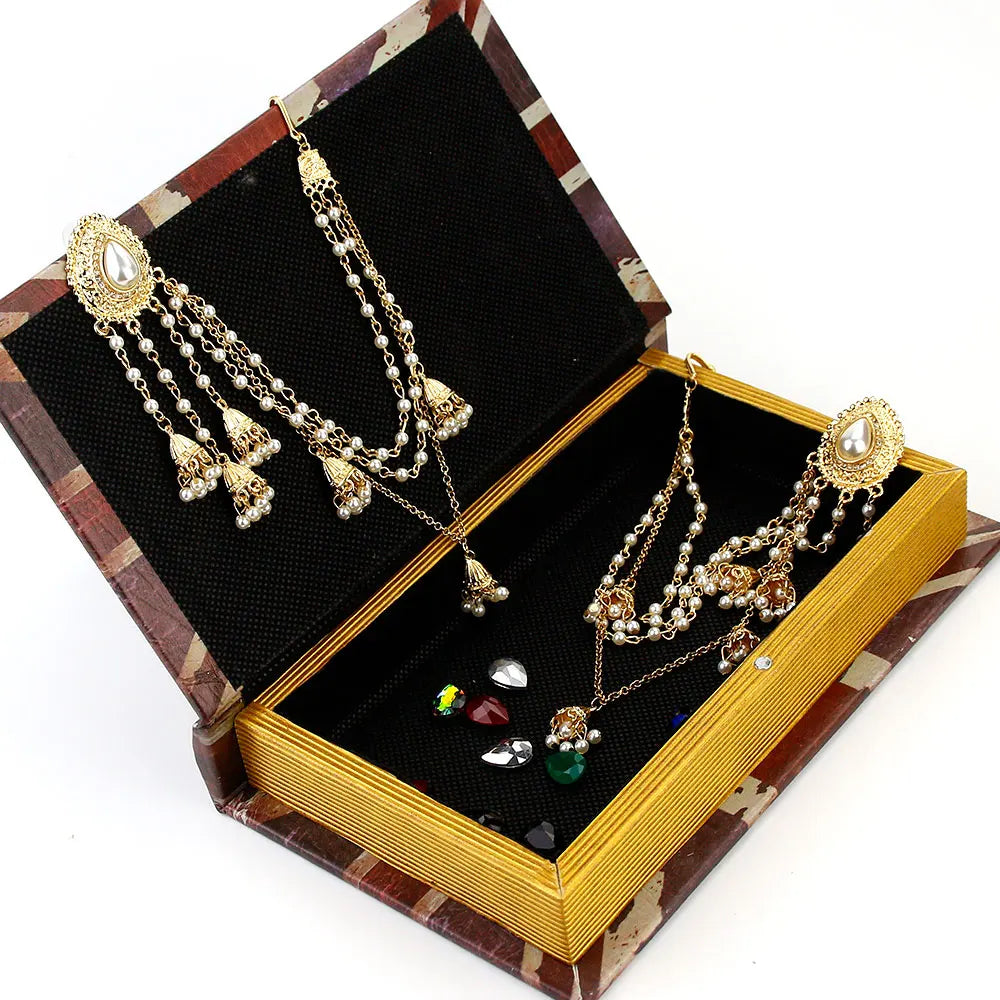 Sunspicems Fashion Indian Earring Link Headdress Jewelry Handmade Bead Chain With Metal Pendant Gold Color Bridal Bijoux Gift