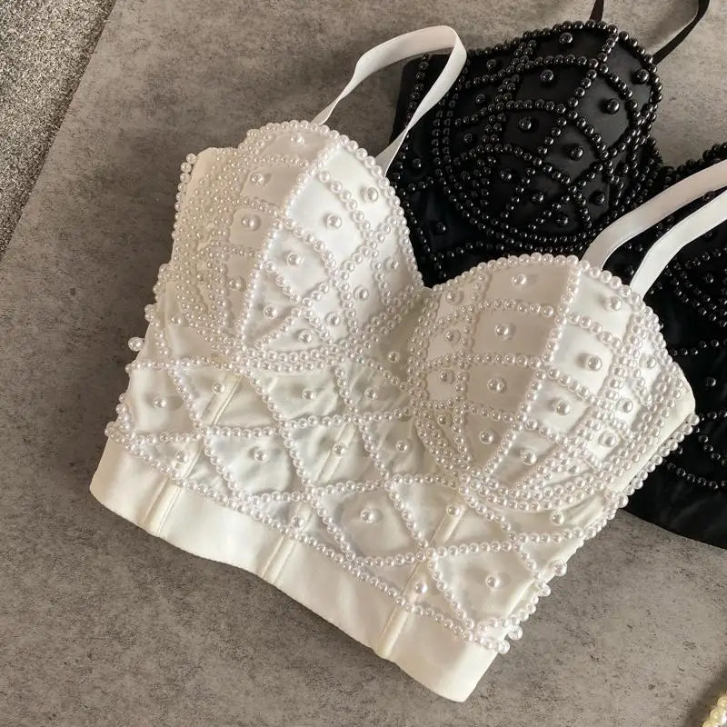 Women's Full Beads Corset Top Sexy Pearls Short Chest Binder Camisole Tube Bra Debardeur for Nightclub Junior Polyester Lingerie
