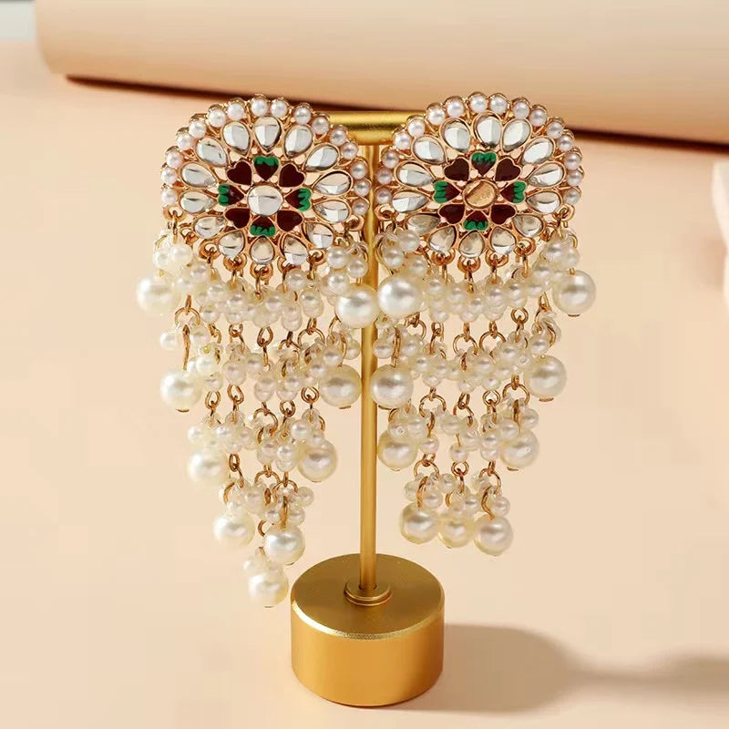 Unique Exaggerated Women Exotic Style Ethnic Bridal Bride Kundan Earrings Pearls Indian Bahubali Drop Earrings Fashion Jewelry