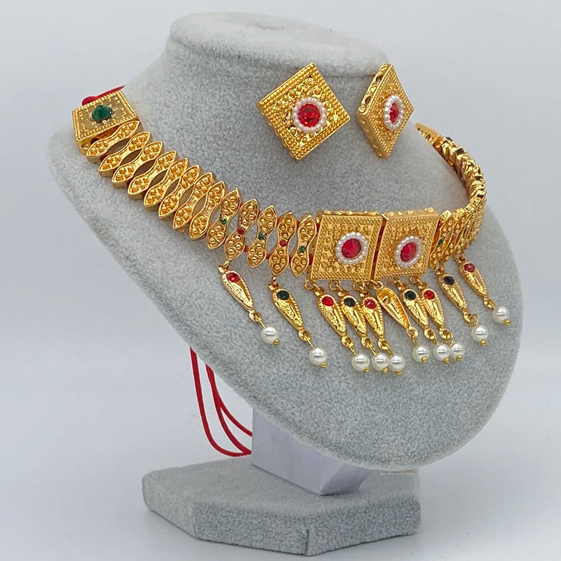 24k Habesha Necklace Earrings Dubai Jewelry sets for Women Saudi Arabia Colored Stone Chokers Rope African Wedding Eritrean Gift