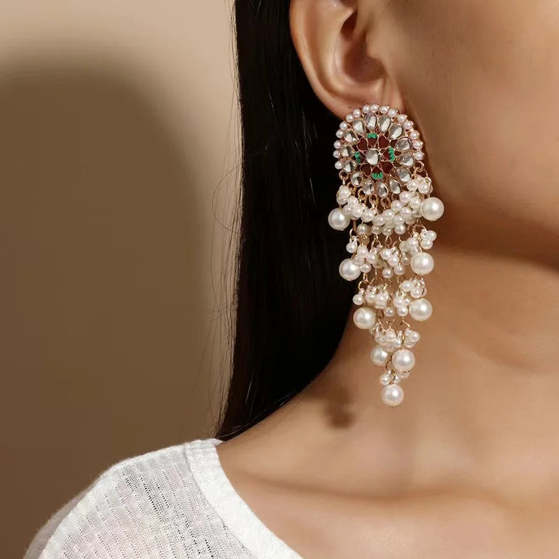 Unique Exaggerated Women Exotic Style Ethnic Bridal Bride Kundan Earrings Pearls Indian Bahubali Drop Earrings Fashion Jewelry