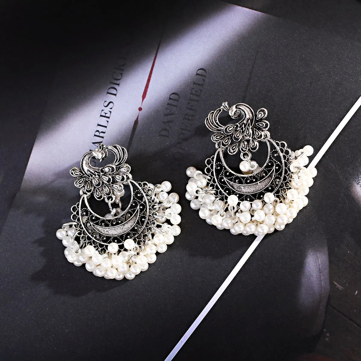 Vintage Gold Color Peacock Alloy Bollywood Oxidized Earrings For Women Ethnic Pearl Tassel Jhumka Dangle Earrings