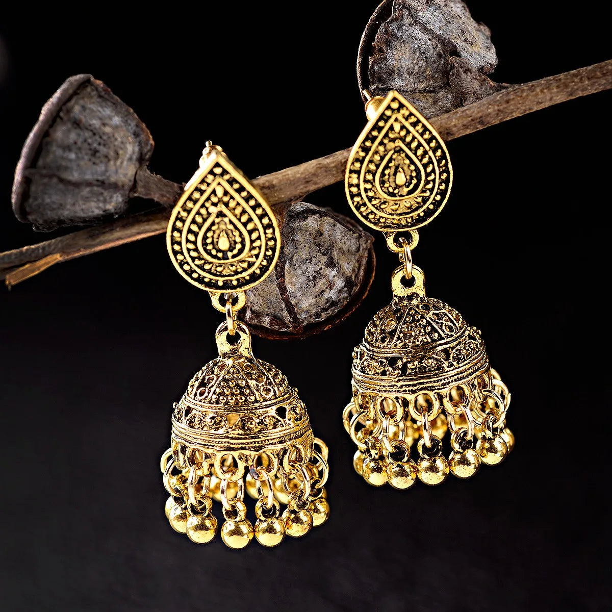 Vintage Gold Color Peacock Alloy Bollywood Oxidized Earrings For Women Ethnic Pearl Tassel Jhumka Dangle Earrings