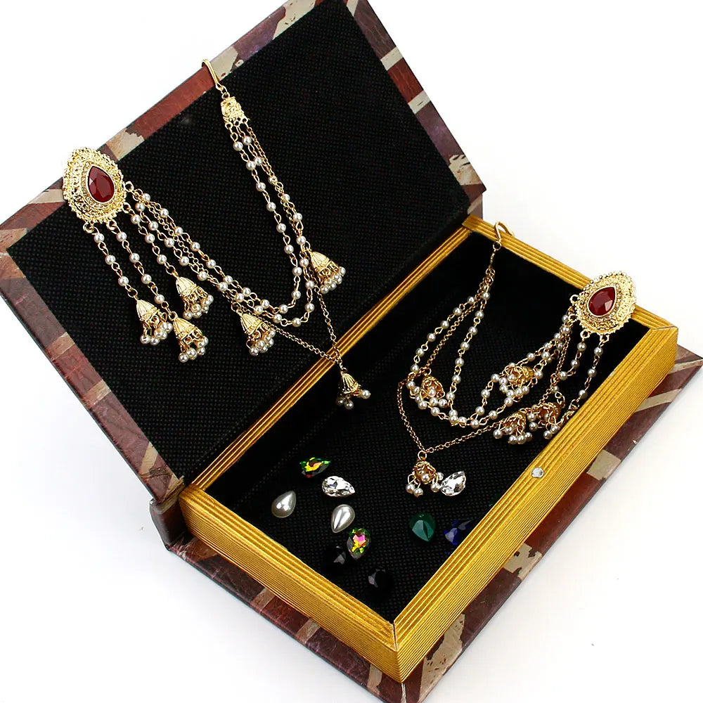 Sunspicems Fashion Indian Earring Link Headdress Jewelry Handmade Bead Chain With Metal Pendant Gold Color Bridal Bijoux Gift