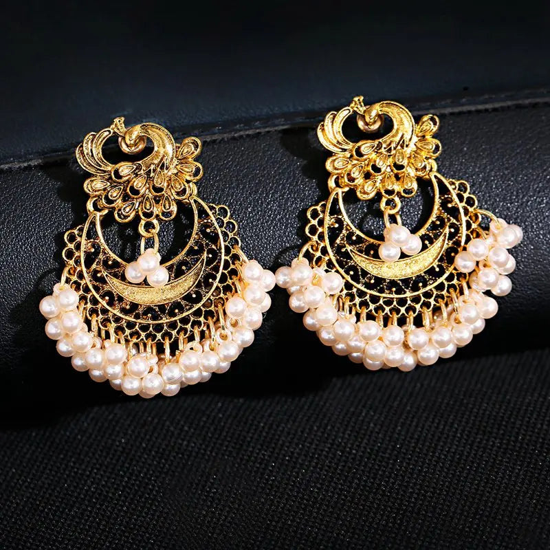 Vintage Gold Color Peacock Alloy Bollywood Oxidized Earrings For Women Ethnic Pearl Tassel Jhumka Dangle Earrings