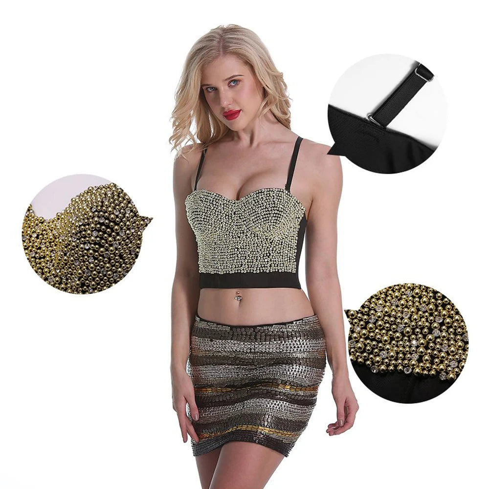 Irene Tinnie Hand-Made Pearls Jewel Diamond Bralet Women Bustier Bra Wedding Party Night Club Corset Cropped Top Vest Plus Size