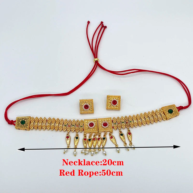 24k Habesha Necklace Earrings Dubai Jewelry sets for Women Saudi Arabia Colored Stone Chokers Rope African Wedding Eritrean Gift