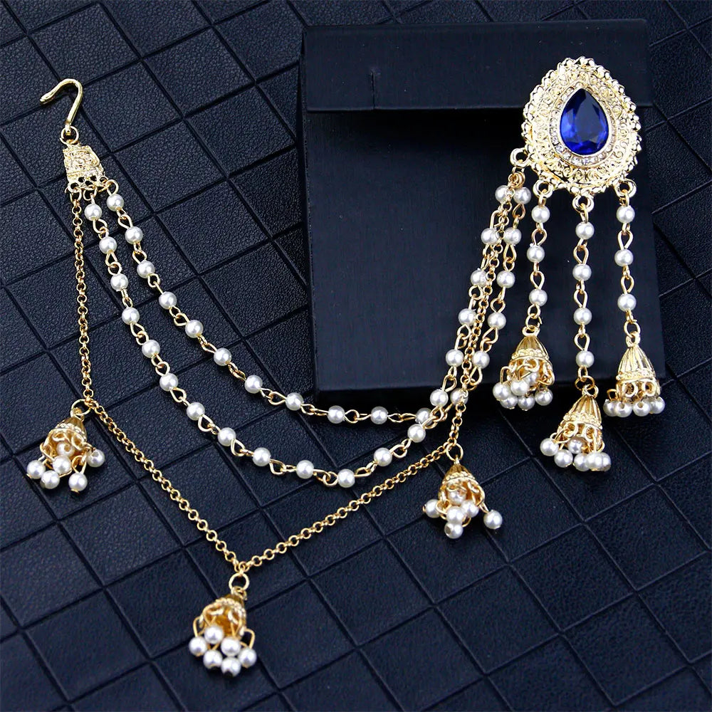 Sunspicems Fashion Indian Earring Link Headdress Jewelry Handmade Bead Chain With Metal Pendant Gold Color Bridal Bijoux Gift