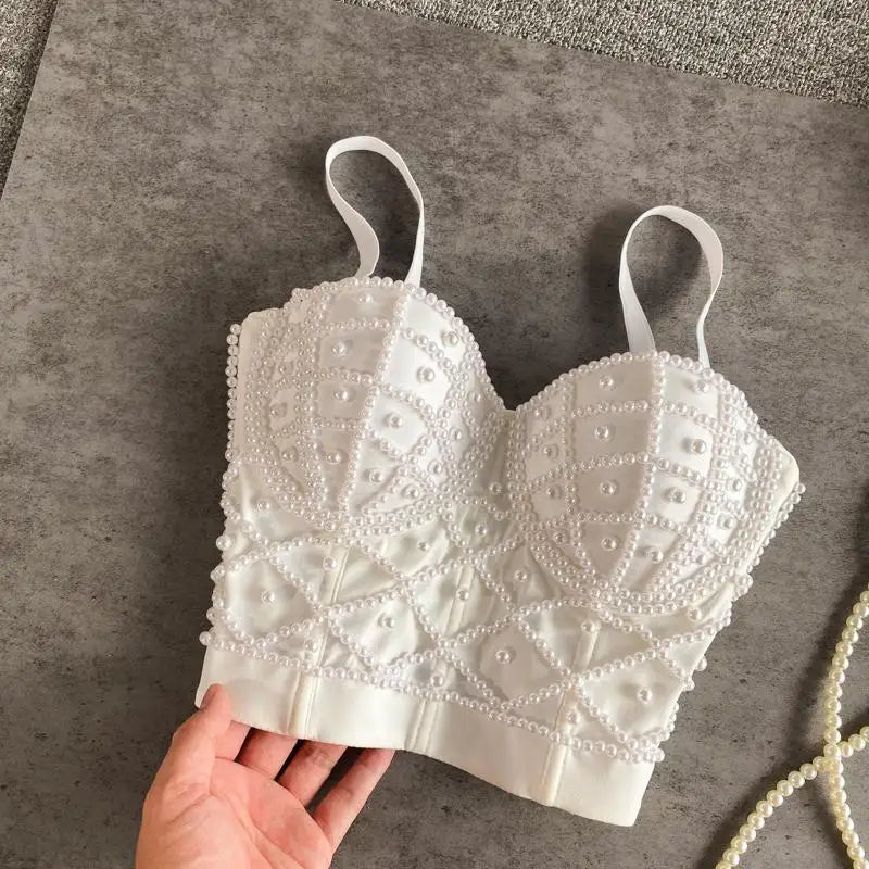 Women's Full Beads Corset Top Sexy Pearls Short Chest Binder Camisole Tube Bra Debardeur for Nightclub Junior Polyester Lingerie