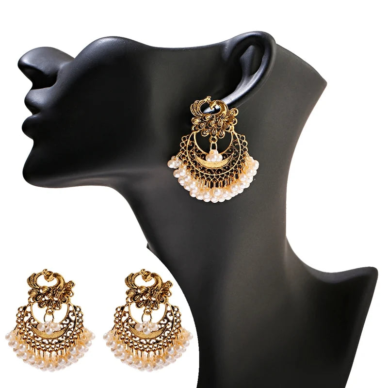 Vintage Gold Color Peacock Alloy Bollywood Oxidized Earrings For Women Ethnic Pearl Tassel Jhumka Dangle Earrings