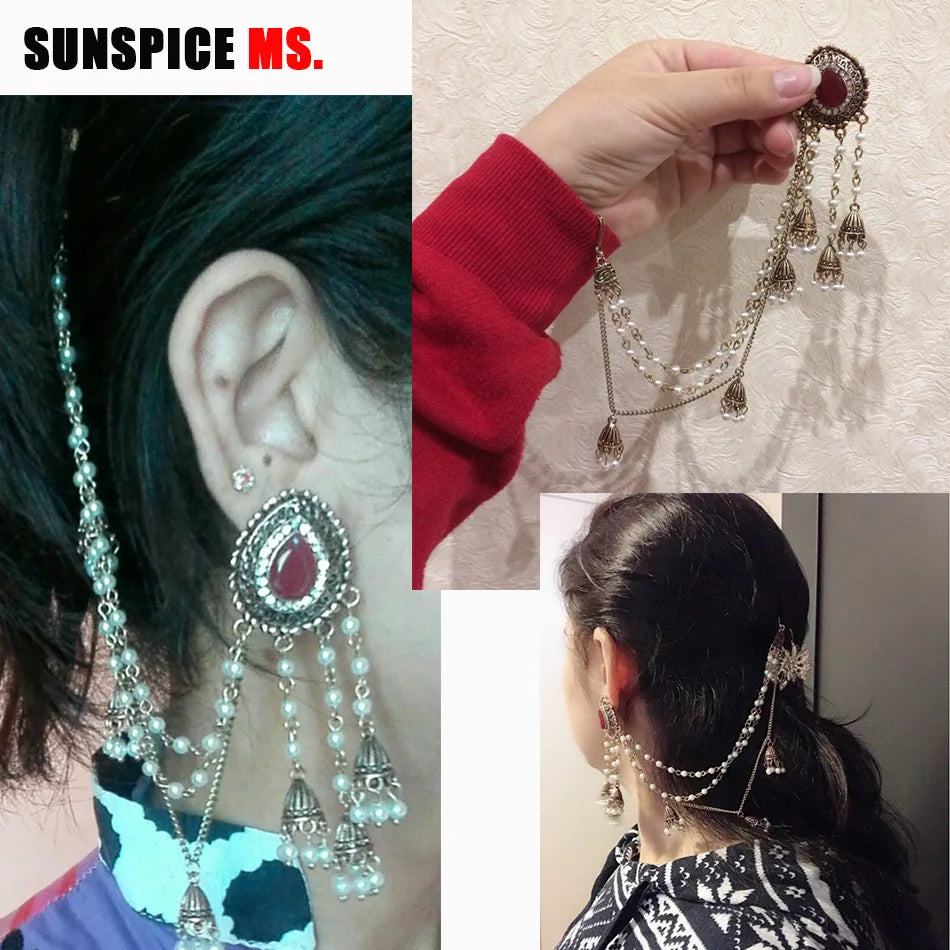 Sunspicems Fashion Indian Earring Link Headdress Jewelry Handmade Bead Chain With Metal Pendant Gold Color Bridal Bijoux Gift
