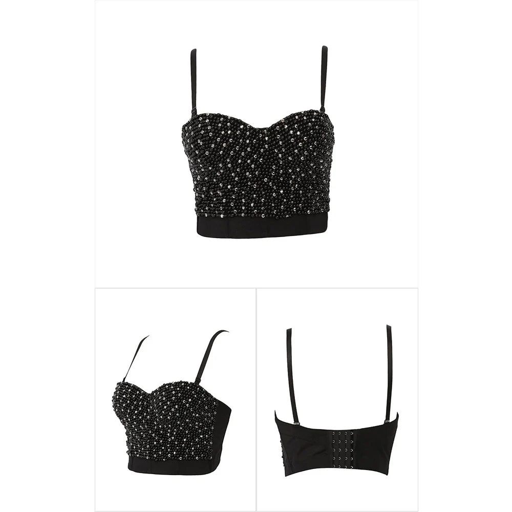 Irene Tinnie Hand-Made Pearls Jewel Diamond Bralet Women Bustier Bra Wedding Party Night Club Corset Cropped Top Vest Plus Size