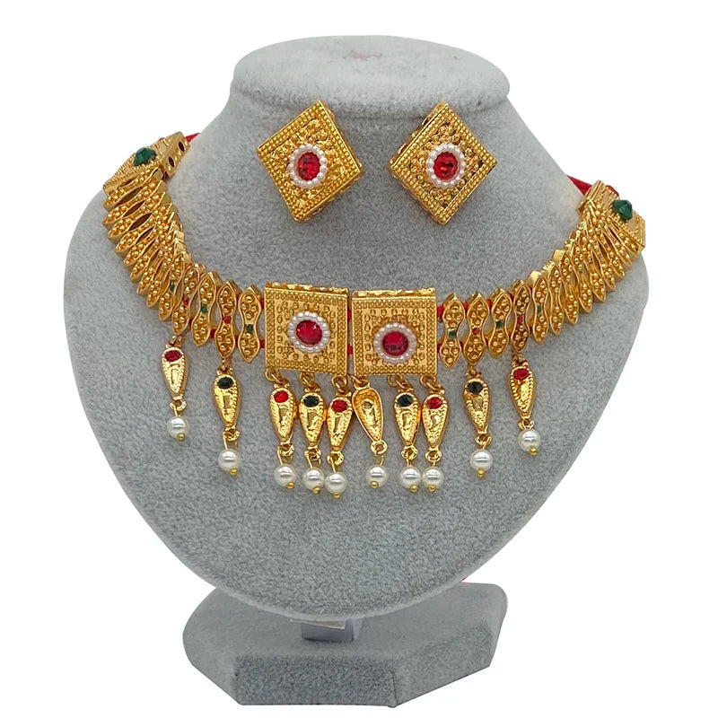 24k Habesha Necklace Earrings Dubai Jewelry sets for Women Saudi Arabia Colored Stone Chokers Rope African Wedding Eritrean Gift