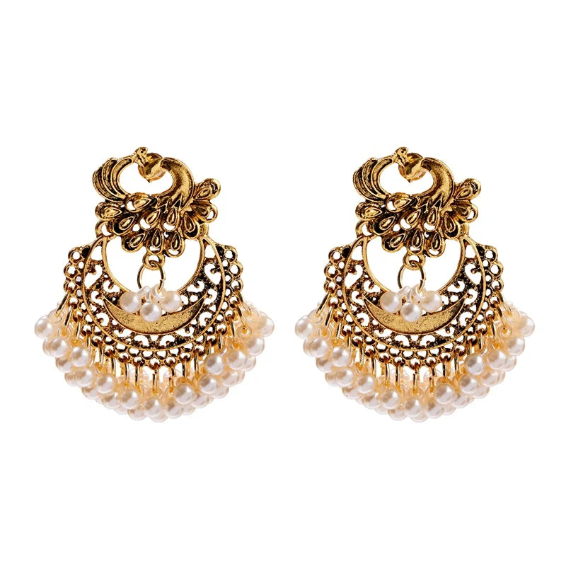 Vintage Gold Color Peacock Alloy Bollywood Oxidized Earrings For Women Ethnic Pearl Tassel Jhumka Dangle Earrings