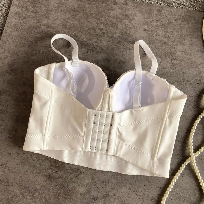 Women's Full Beads Corset Top Sexy Pearls Short Chest Binder Camisole Tube Bra Debardeur for Nightclub Junior Polyester Lingerie