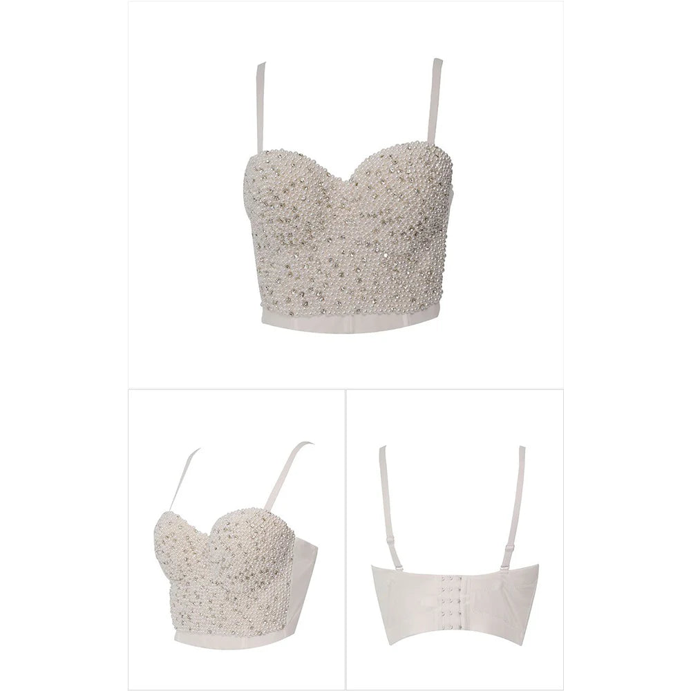 Irene Tinnie Hand-Made Pearls Jewel Diamond Bralet Women Bustier Bra Wedding Party Night Club Corset Cropped Top Vest Plus Size