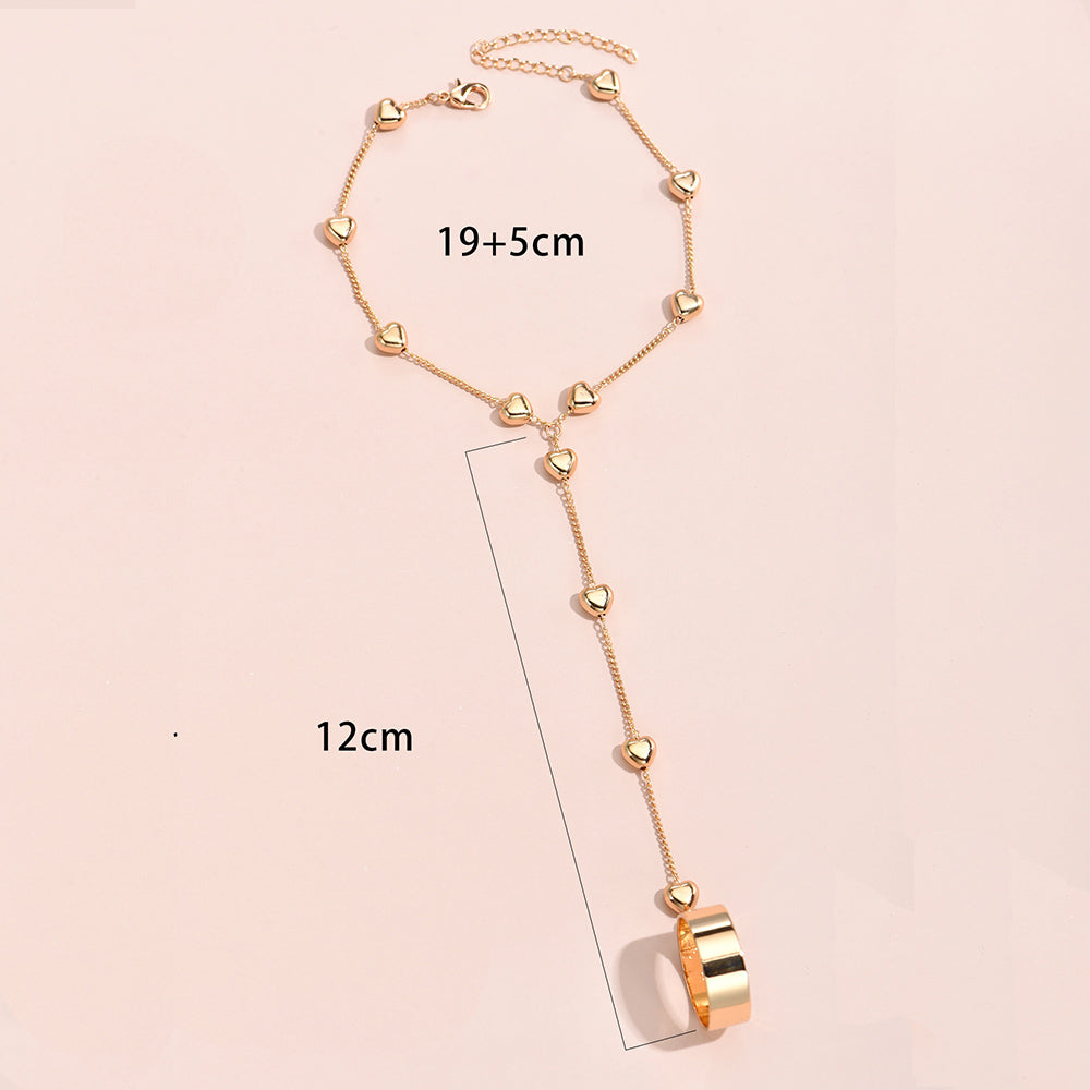Simple Heart Pendant Chain Bracelet Link Connected Gold plated Wide Finger Ring Bracelets for Women Link Hand Harness Jewelry