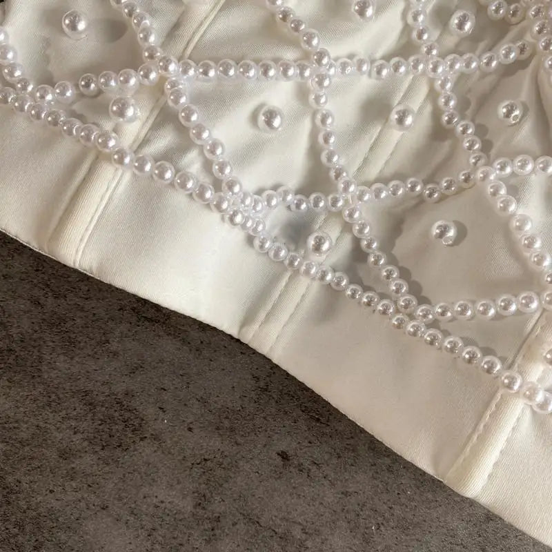 Women's Full Beads Corset Top Sexy Pearls Short Chest Binder Camisole Tube Bra Debardeur for Nightclub Junior Polyester Lingerie