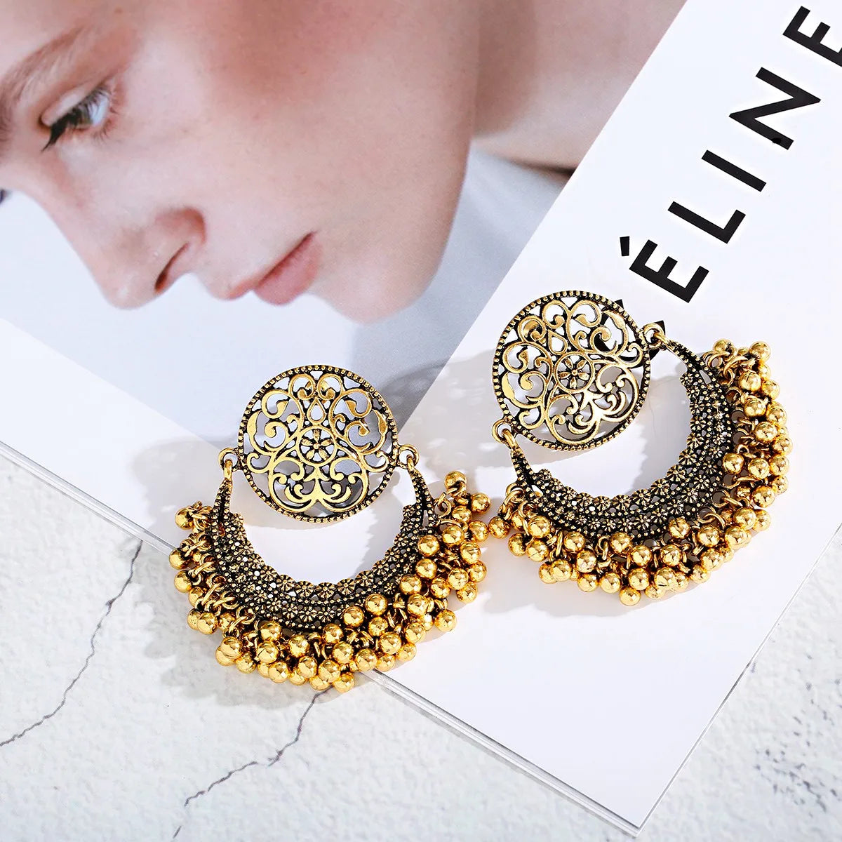 Vintage Gold Color Peacock Alloy Bollywood Oxidized Earrings For Women Ethnic Pearl Tassel Jhumka Dangle Earrings