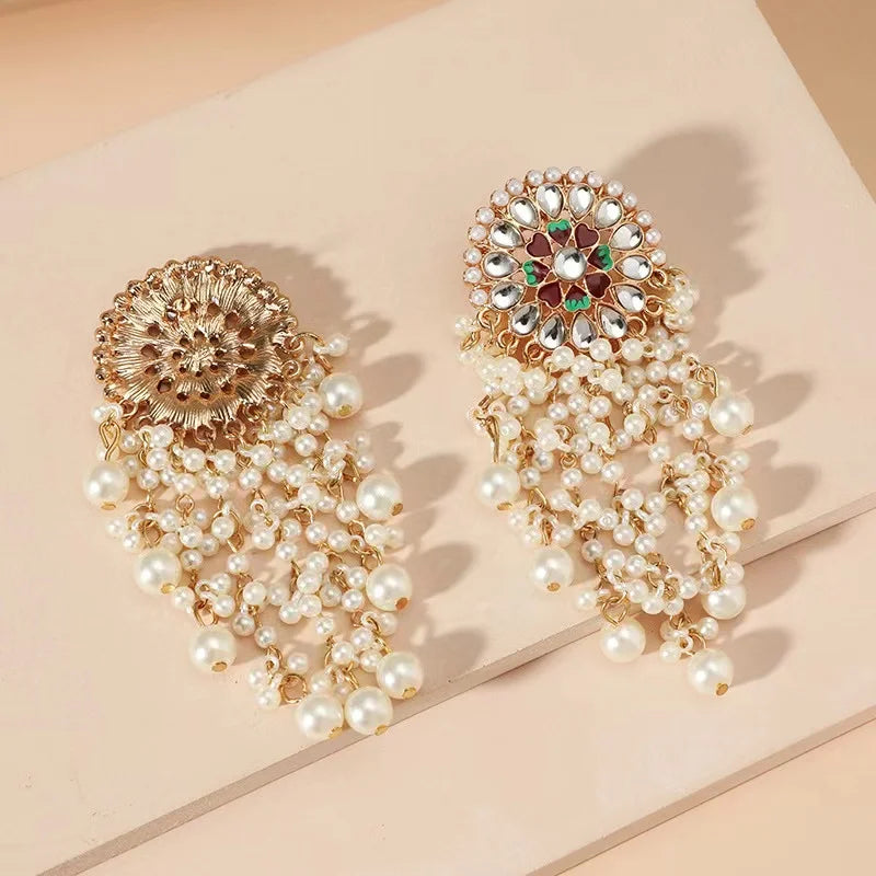 Unique Exaggerated Women Exotic Style Ethnic Bridal Bride Kundan Earrings Pearls Indian Bahubali Drop Earrings Fashion Jewelry