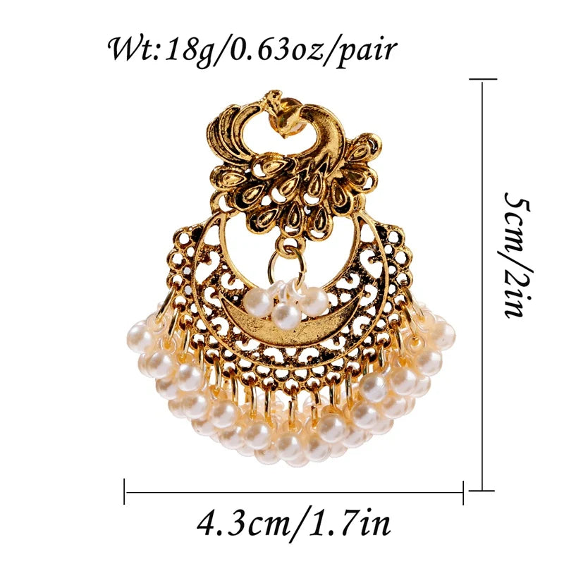 Vintage Gold Color Peacock Alloy Bollywood Oxidized Earrings For Women Ethnic Pearl Tassel Jhumka Dangle Earrings