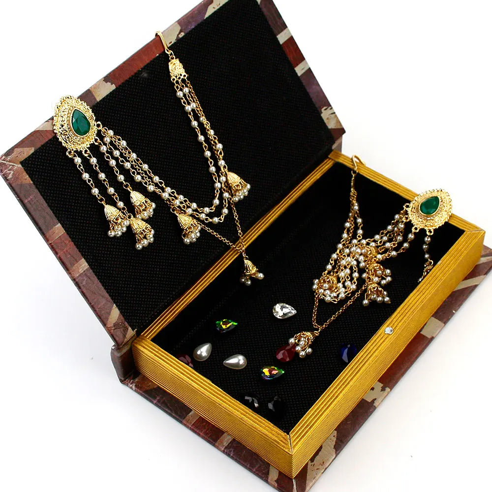 Sunspicems Fashion Indian Earring Link Headdress Jewelry Handmade Bead Chain With Metal Pendant Gold Color Bridal Bijoux Gift