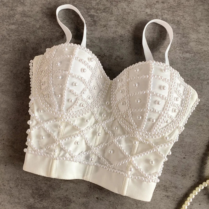 Women's Full Beads Corset Top Sexy Pearls Short Chest Binder Camisole Tube Bra Debardeur for Nightclub Junior Polyester Lingerie