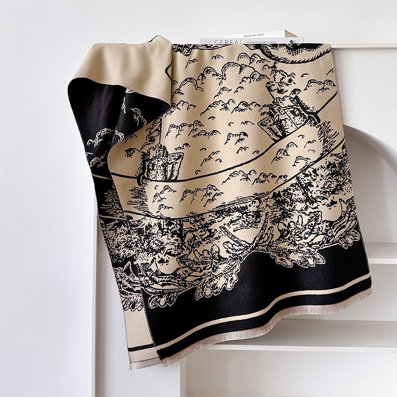 Jacquard Landscape Painting Imitation Cashmere Scarf for Women's Office Air-Conditioned Room Thickeneded Warm Long Trendyy Hot Style Scarf
