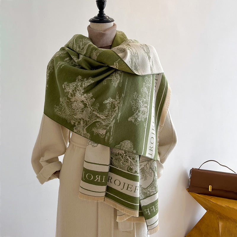 Jacquard Landscape Painting Imitation Cashmere Scarf for Women's Office Air-Conditioned Room Thickeneded Warm Long Trendyy Hot Style Scarf