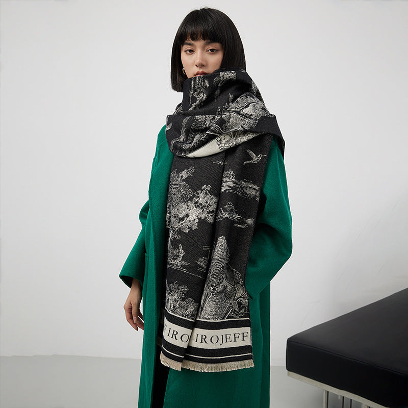 Jacquard Landscape Painting Imitation Cashmere Scarf for Women's Office Air-Conditioned Room Thickeneded Warm Long Trendyy Hot Style Scarf