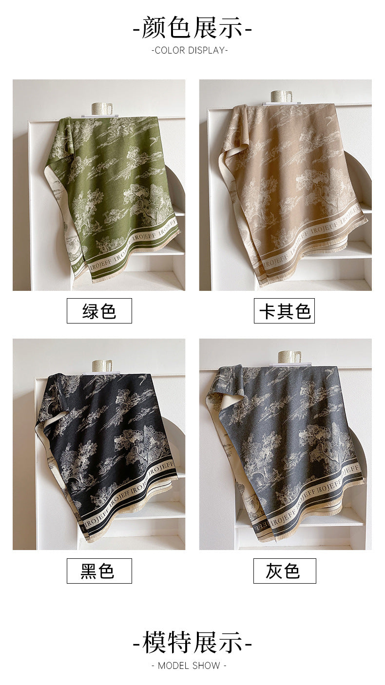 Jacquard Landscape Painting Imitation Cashmere Scarf for Women's Office Air-Conditioned Room Thickeneded Warm Long Trendyy Hot Style Scarf